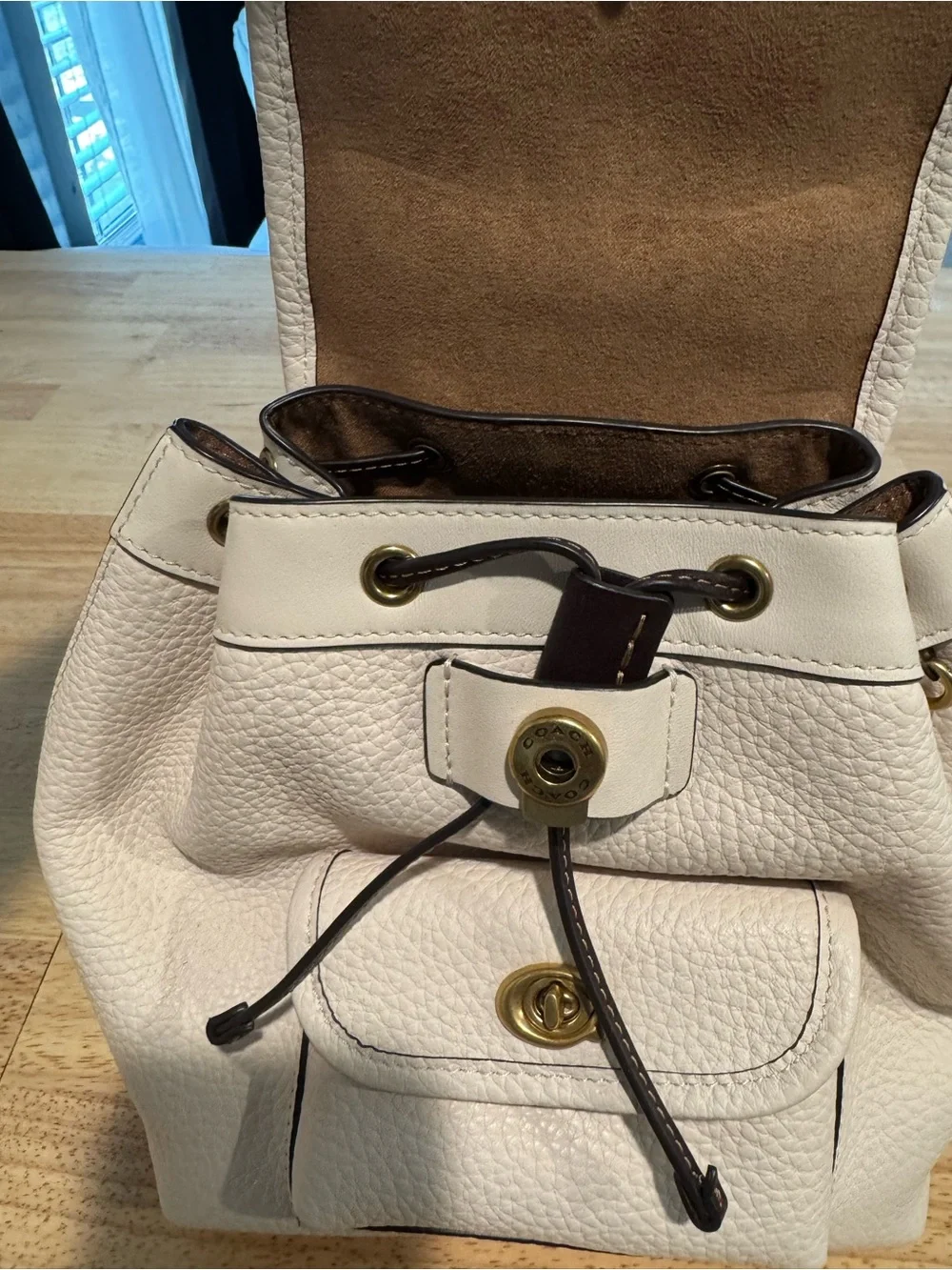 Coach Chalk Pebble Leather Mini Backpack with Black Trim